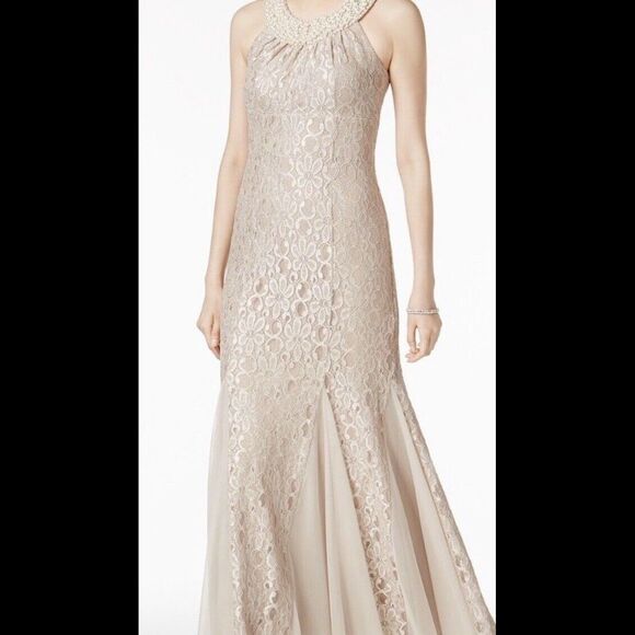 Women’s Formal Dress Size 14 Evening Champagne RM Richards Lace Beaded Pearl C16 - Picture 10 of 12